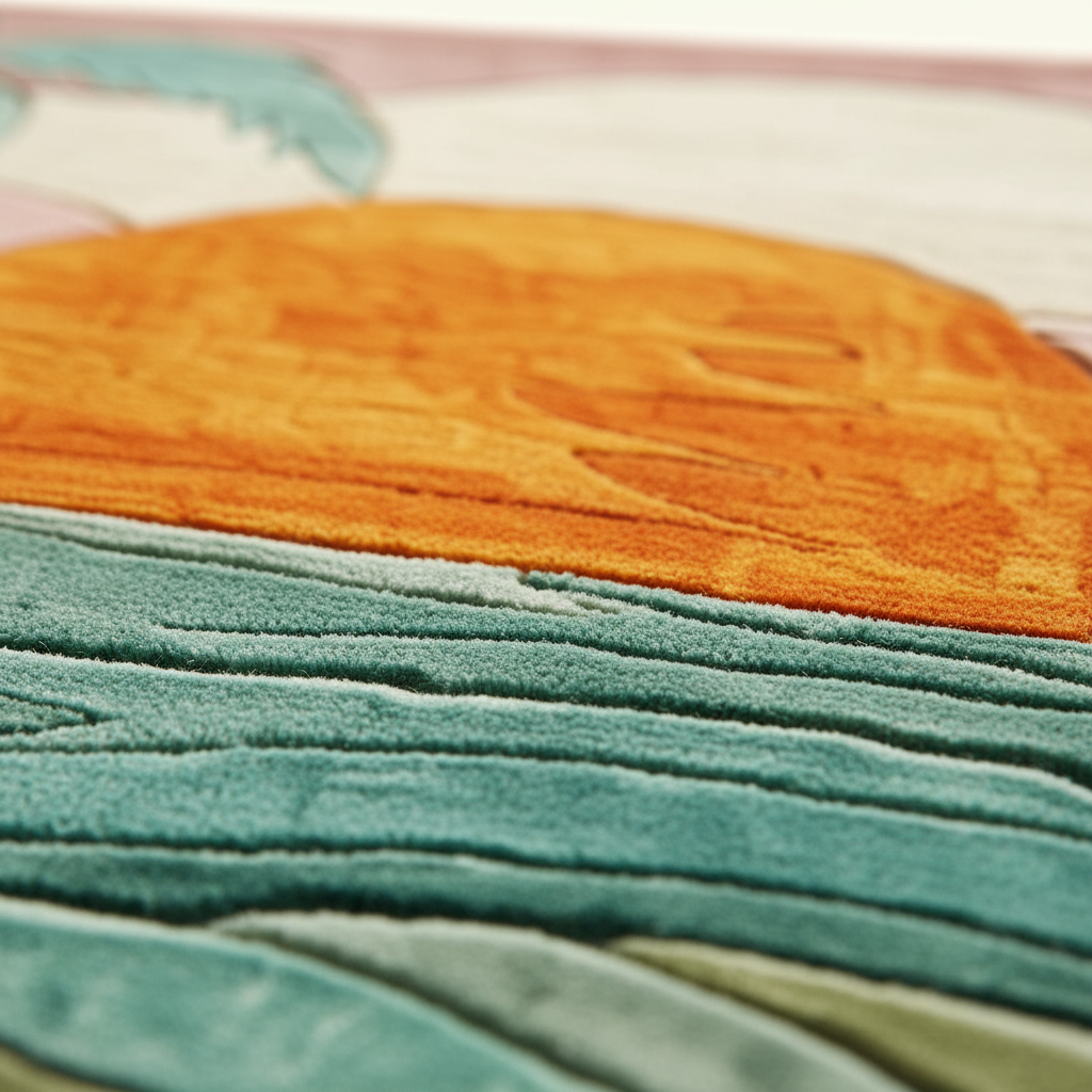 Close-up of a colorful textured rug featuring a large orange sun and layered teal, green, and pink landscape shapes.