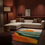 A modern living room with a white sectional sofa, patterned brown pillows, a colorful abstract area rug, a floor lamp, and wood-paneled walls.