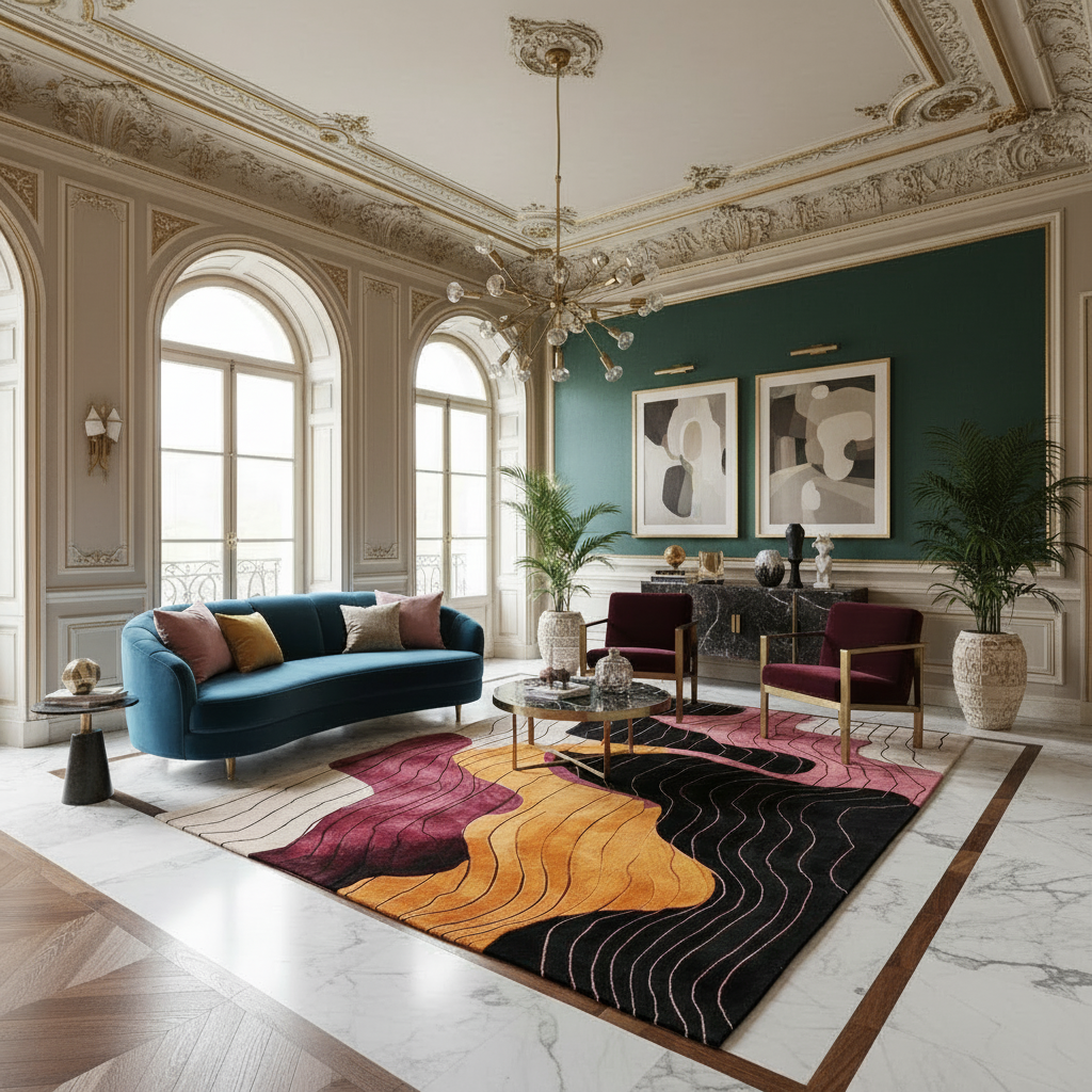 Luxurious living room with a blue sofa, colorful rug, and ornate ceiling.
