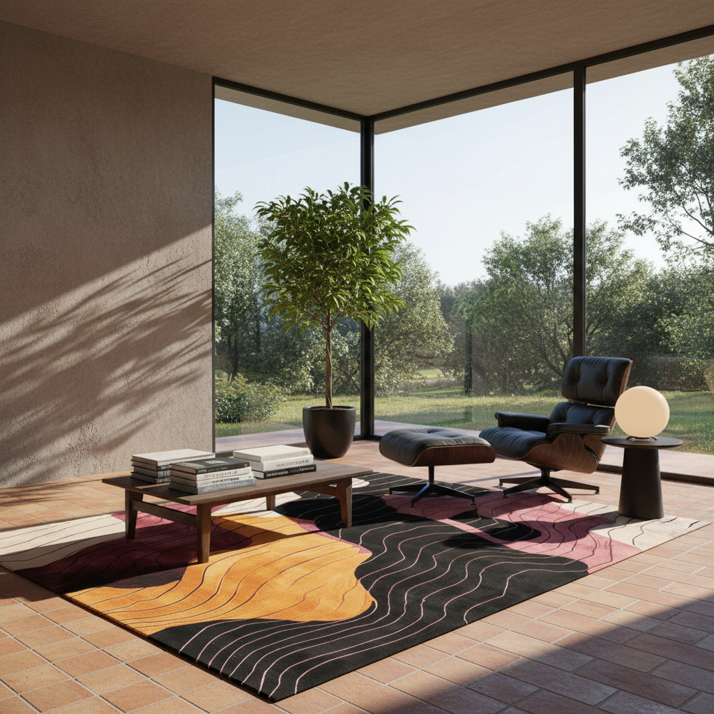 A modern living room scene with a large abstract area rug in black, tan, and pink tones, a wooden coffee table, a dark lounge chair with ottoman, a potted tree, and large windows overlooking trees.