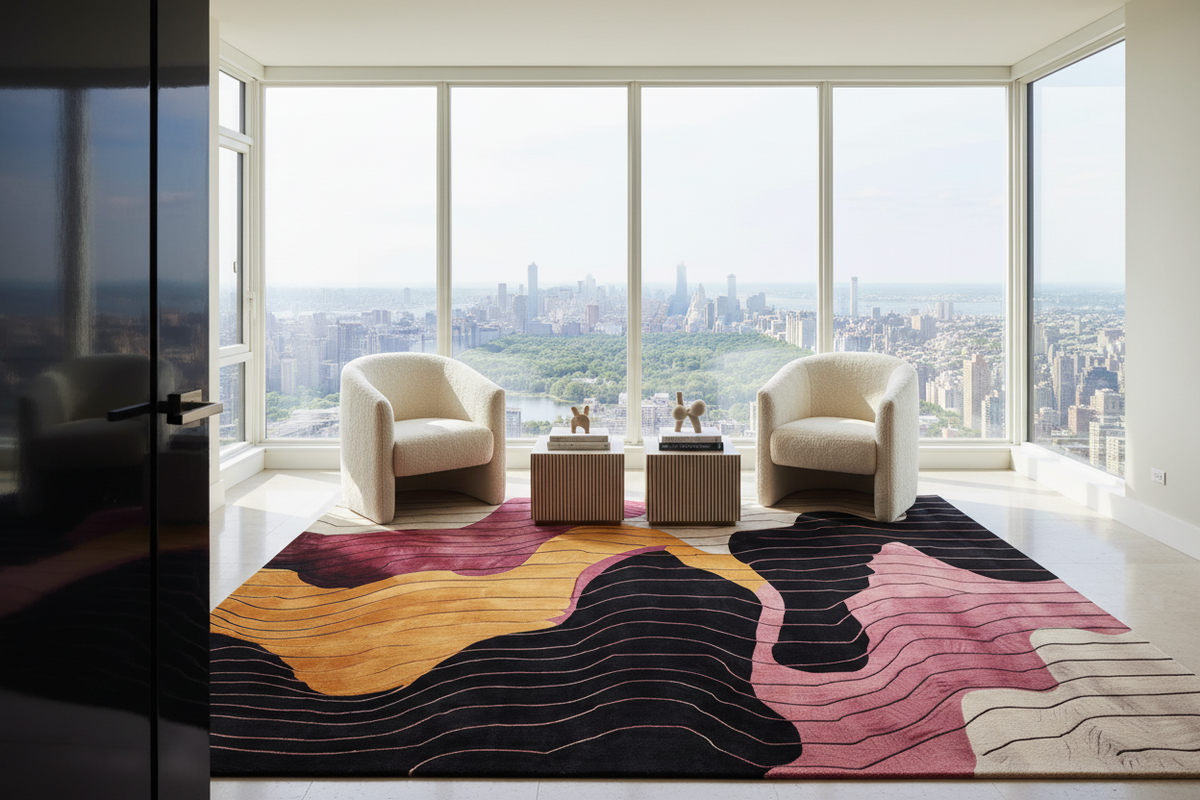 A modern living room with two cream armchairs, two small side tables, and a large abstract area rug in black, pink, mustard yellow, and beige. The room is positioned in front of floor-to-ceiling windows overlooking a city skyline and Central Park.