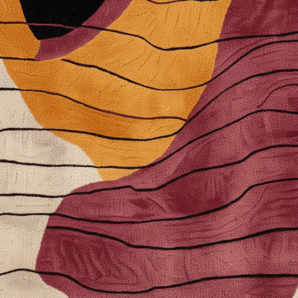 Abstract patterned textile close-up with flowing organic shapes in mustard yellow, burgundy, cream, and black linear texture.