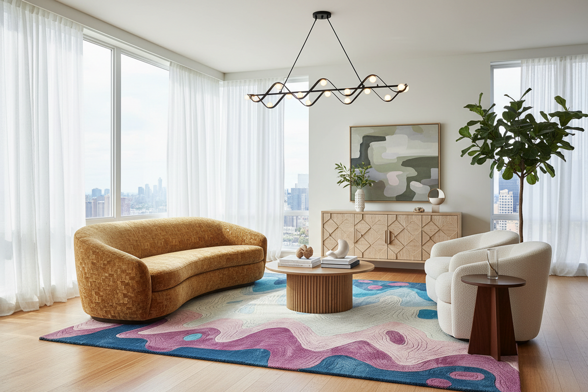 A modern living room featuring a curved mustard yellow velvet sofa, a cream armchair, a colorful abstract-patterned area rug, and a light wood sideboard with abstract wall art under a black wavy chandelier.