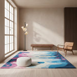 A large abstract area rug with wavy blue, pink, and white patterns is styled in a modern minimalist living room with a wooden floor, a bench, an armchair, and a floor lamp.