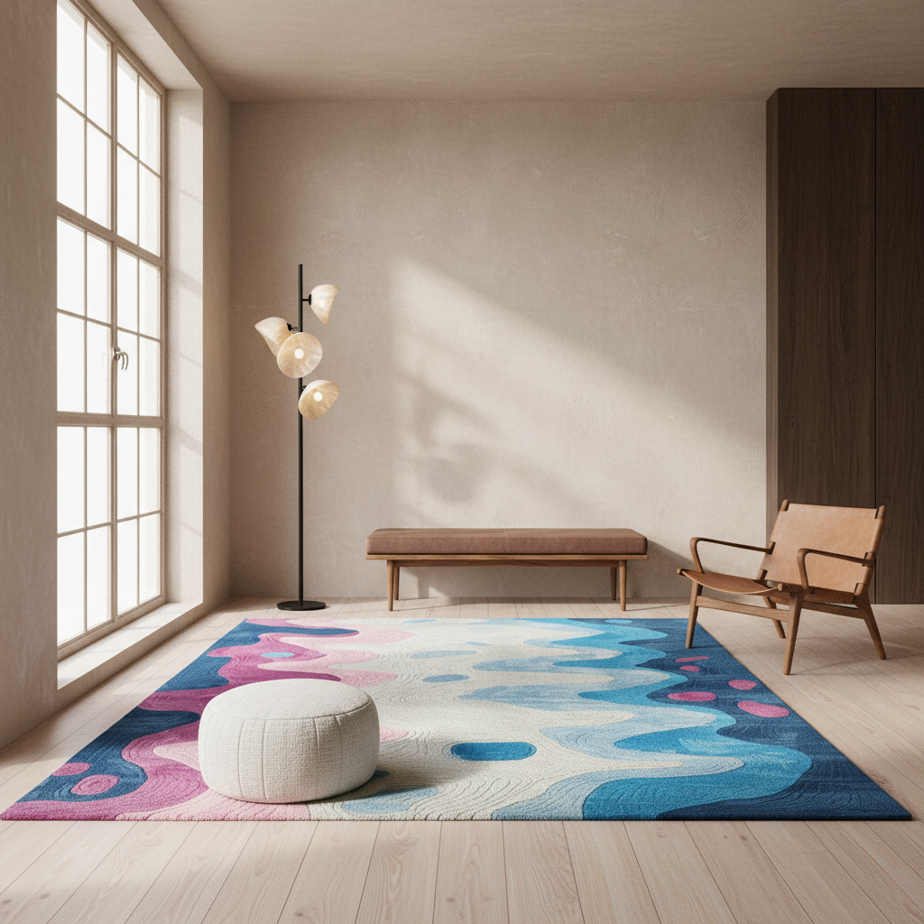 A large abstract area rug with wavy blue, pink, and white patterns is styled in a modern minimalist living room with a wooden floor, a bench, an armchair, and a floor lamp.