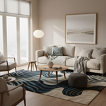 A modern living room featuring a large abstract wave-patterned area rug in navy, slate blue, and beige. The room is styled with a cream-colored sofa, a round wooden coffee table, a dark gray pouf, a white globe floor lamp, and a large framed abstract print on the beige wall.