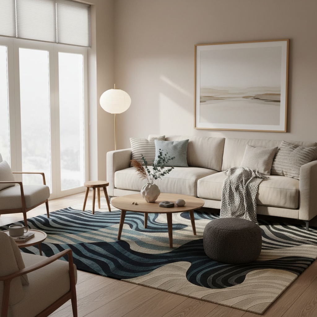 A modern living room featuring a large abstract wave-patterned area rug in navy, slate blue, and beige. The room is styled with a cream-colored sofa, a round wooden coffee table, a dark gray pouf, a white globe floor lamp, and a large framed abstract print on the beige wall.