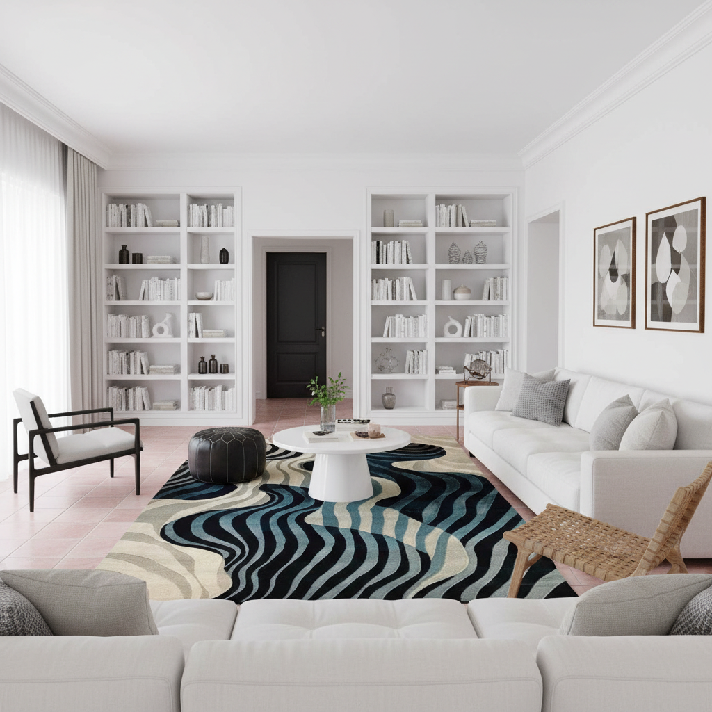 A modern living room with a large abstract wavy area rug in black, navy, teal, and beige, styled with a white sofa, white armchair, and built-in white bookshelves.