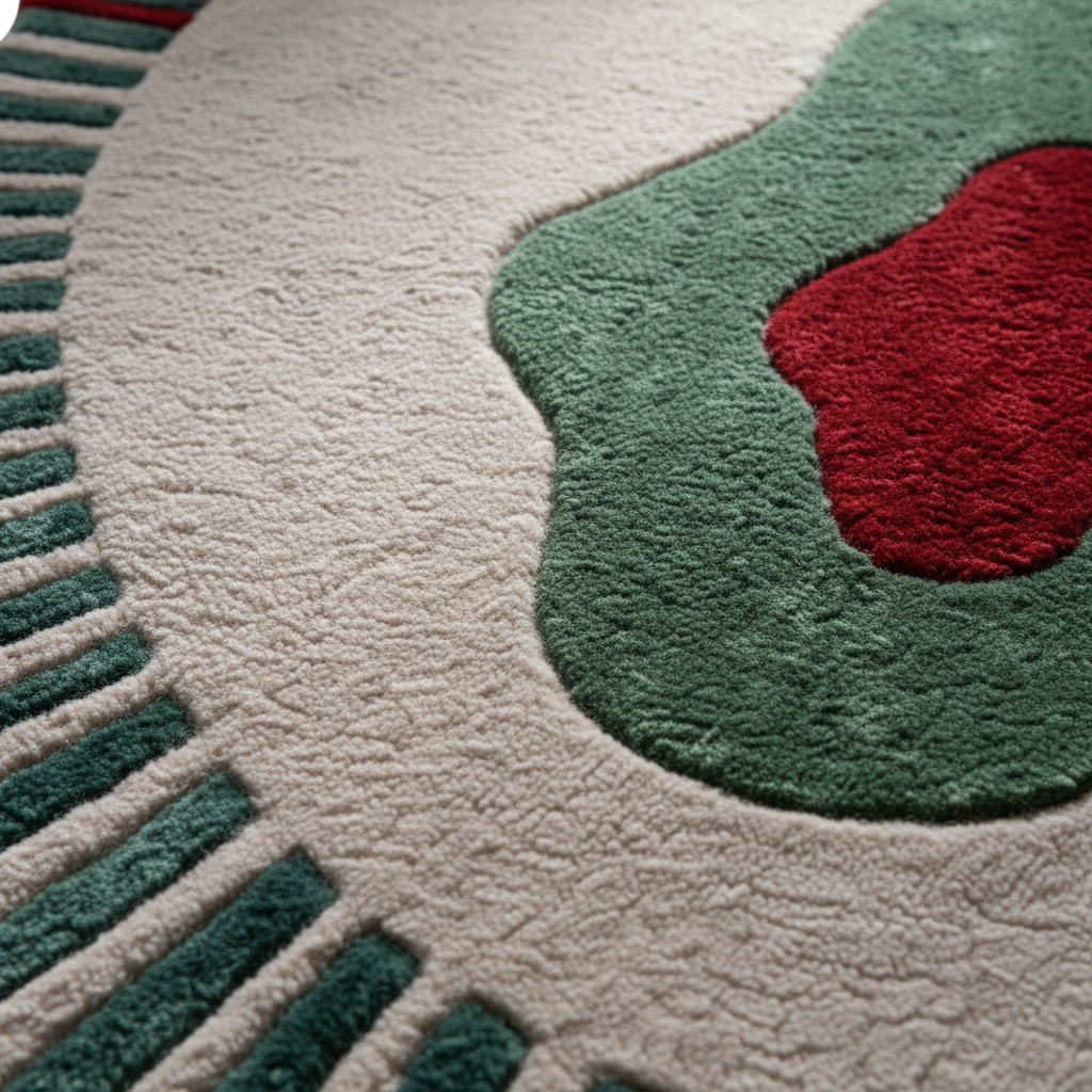 Close-up of a plush textured rug with a cream base, a green abstract shape, and a red accent, bordered by green and red striped tufting.