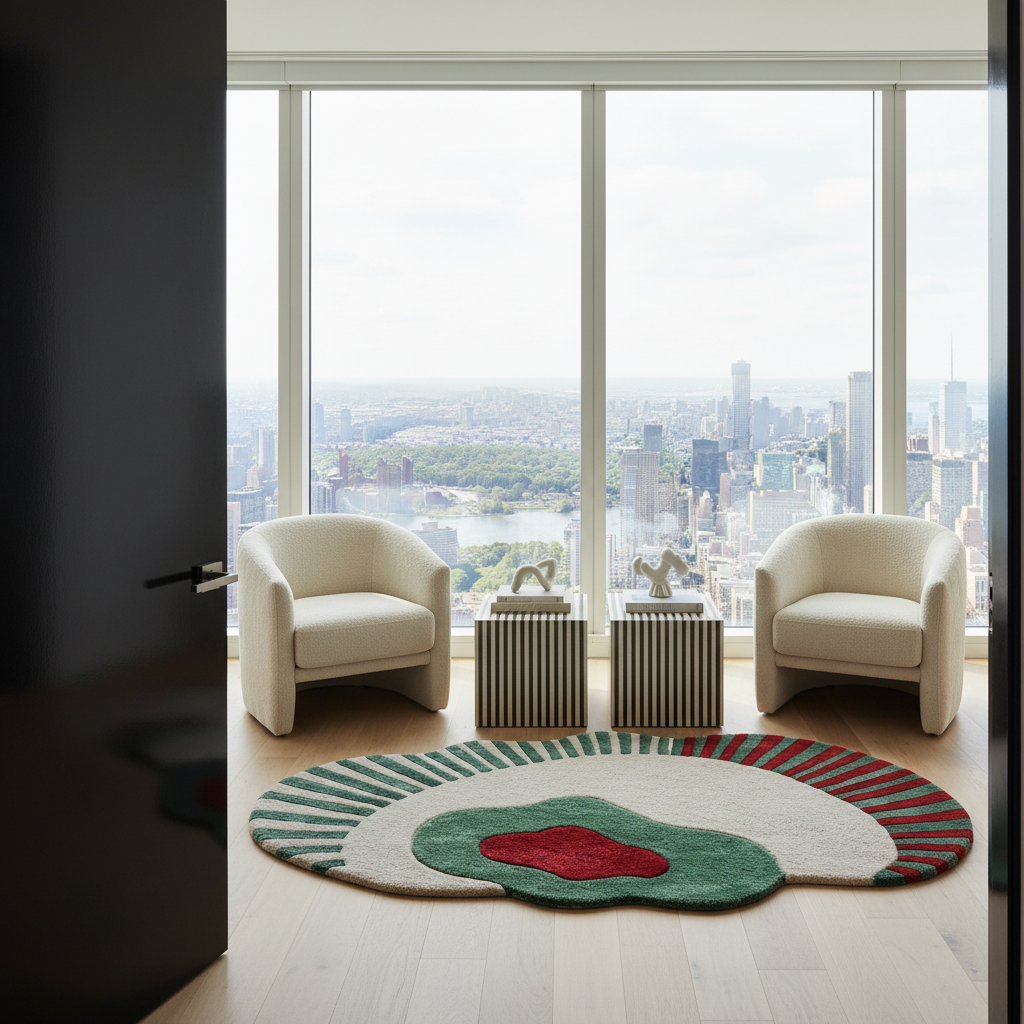 A modern interior scene with two cream armchairs facing a large floor-to-ceiling window overlooking a city skyline. In front of the chairs is a round area rug with concentric abstract shapes in cream, green, red, and gray. Two narrow striped side tables sit between the chairs. A dark doorway is visible on the left edge.