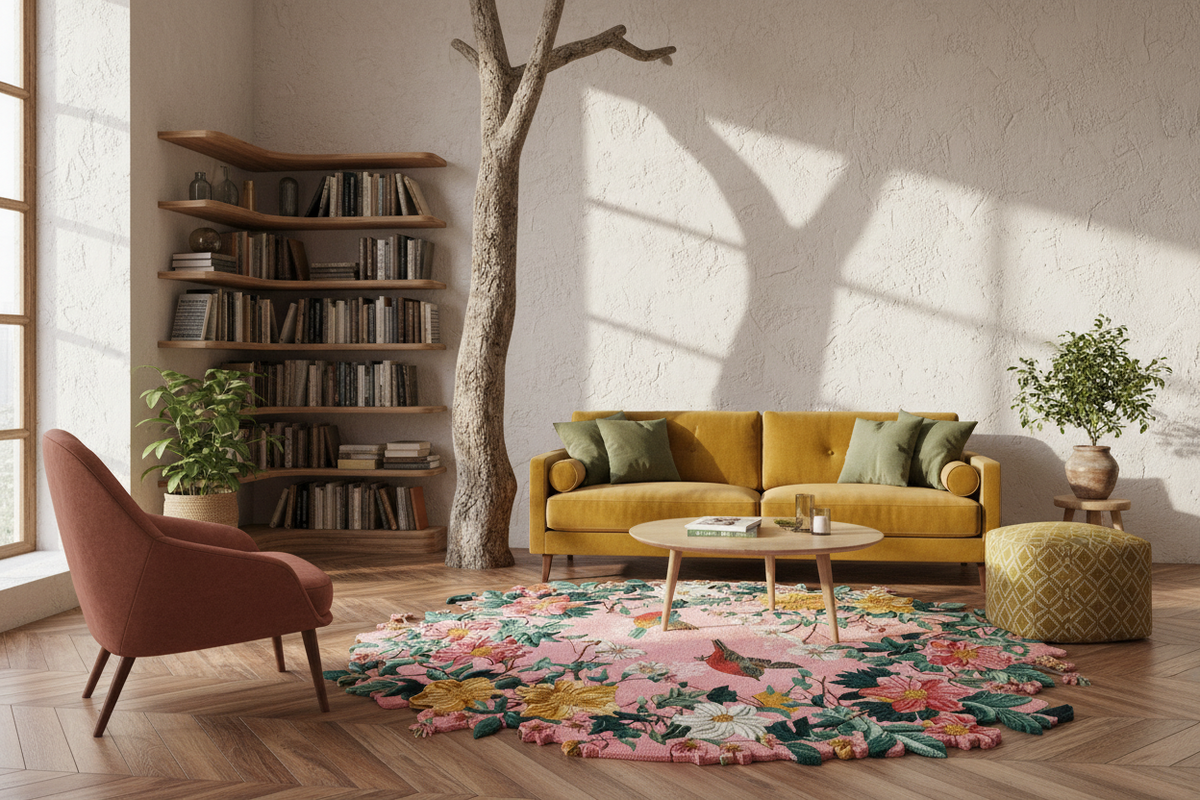 A styled living room interior with a mustard yellow sofa, rust-colored armchair, round coffee table, patterned area rug, bookshelf, potted plants, and a faux tree trunk decor element in a sunlit room.
