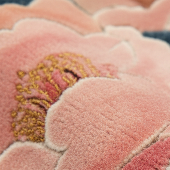 Close-up of a plush, textured pink floral rug with gold and red embroidered details.