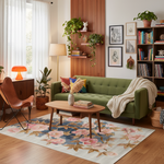 A styled living room featuring a green tufted sofa with colorful throw pillows and a cream knit blanket, set on a floral area rug. The room includes a wooden coffee table, a brown leather chair, a bookshelf, and a wood slat accent wall with plants.