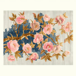 An ornate floral artwork showing pink blossoms and gold leaves over a blue and gray watercolor-style background, presented on a light cream field.