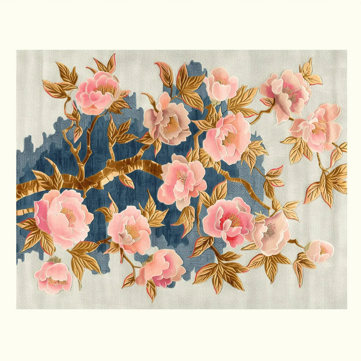 An ornate floral artwork showing pink blossoms and gold leaves over a blue and gray watercolor-style background, presented on a light cream field.