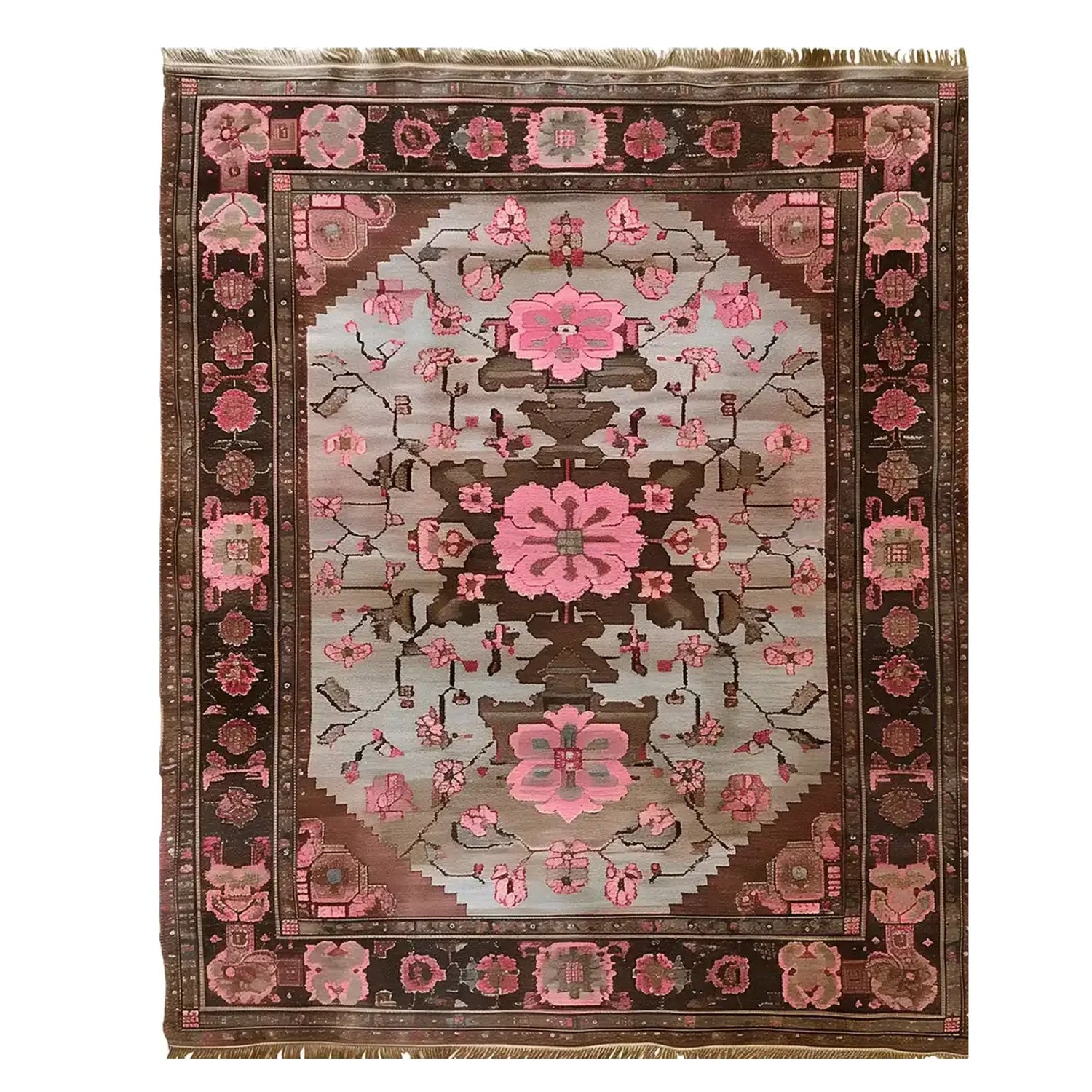 A beautifully crafted Rosé Reverie Knotted Wool Area Rug, showcasing a stunning floral pattern with shades of pink and brown. Perfectly suited for large living rooms, this floral rug brings an elegant touch to any space.