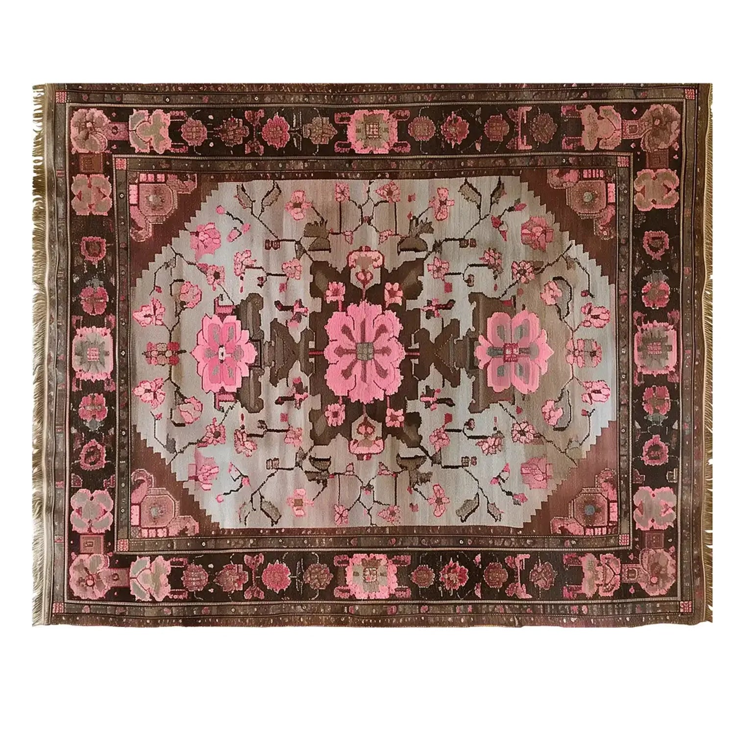 Elegant Rosé Reverie Knotted Wool Rug featuring a beautiful floral pattern in shades of pink and brown. This large living room area rug adds a touch of sophistication and warmth, making it an ideal choice for enhancing any space with its intricate design.