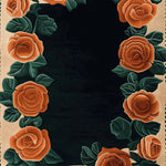 This stunning area rug, titled 'Rosewood Garden Bloom Hand Tufted Rug', features a rich floral design with vibrant orange roses and lush green leaves on a dark background. Perfect for adding elegance to living room spaces, this wool rug measures 8x10, making it an ideal choice for those seeking living room area rugs with a touch of nature-inspired beauty.