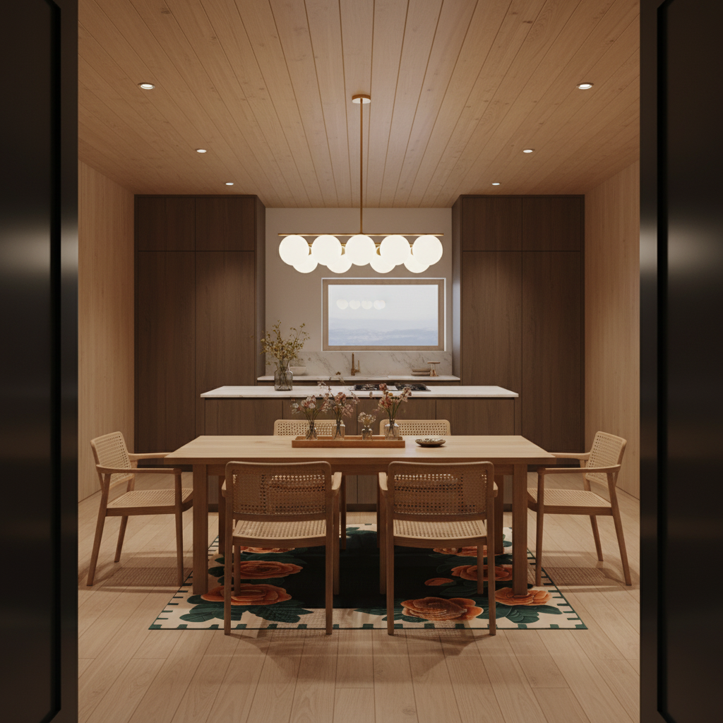A modern dining room with a rectangular wooden dining table, four woven-back chairs, a round pendant light, and a patterned rug, set within a warm wood-paneled kitchen interior.