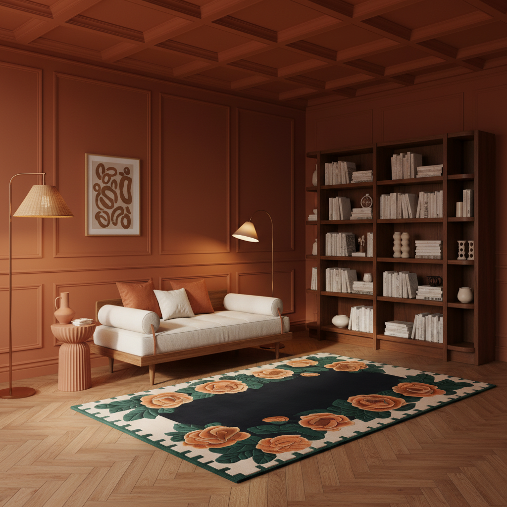 A styled living room with warm terracotta wood paneling and ceiling, featuring a white sofa with orange and white pillows, a large floral area rug, a dark wood bookcase filled with books, and two floor lamps.