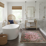 Modern bathroom with freestanding bathtub, rosie reverie hand knotted wool rug by 1001 Knots, and vanity.