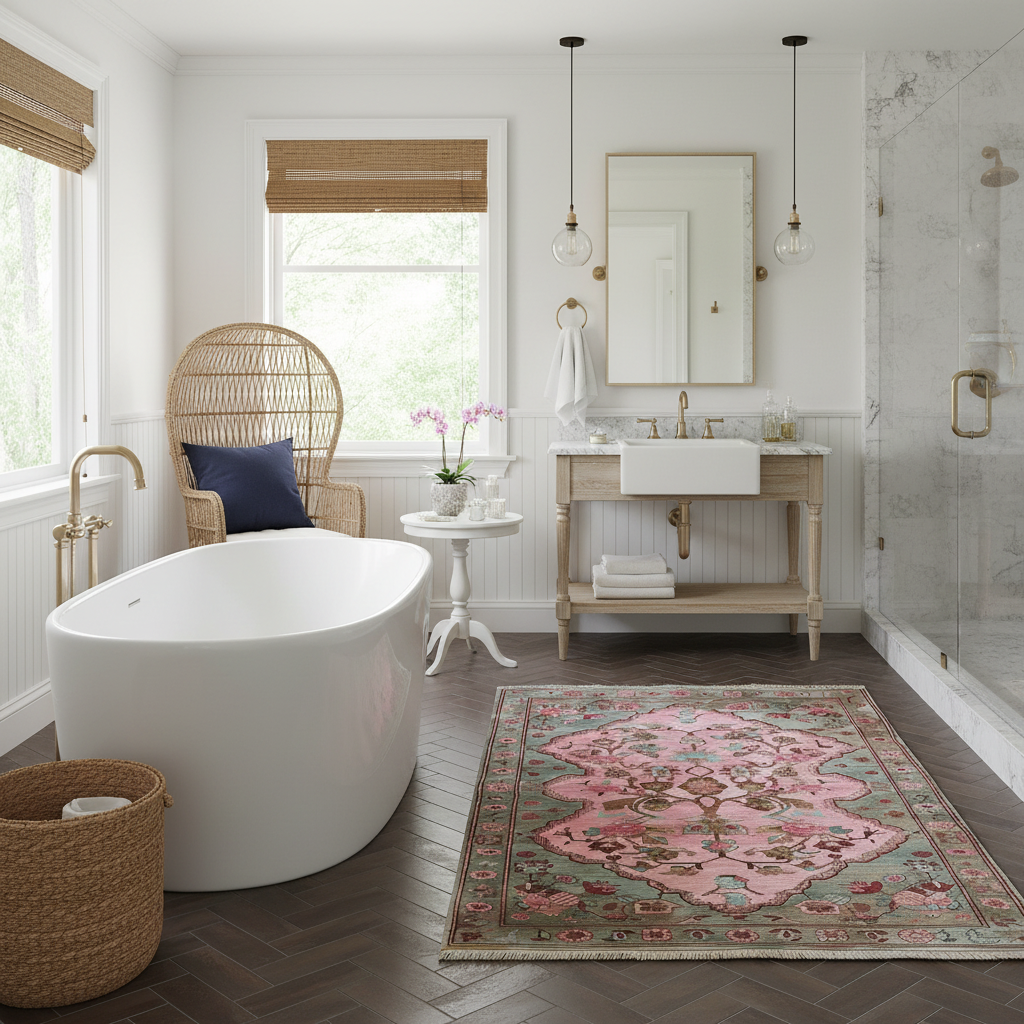 Modern bathroom with freestanding bathtub, rosie reverie hand knotted wool rug by 1001 Knots, and vanity.