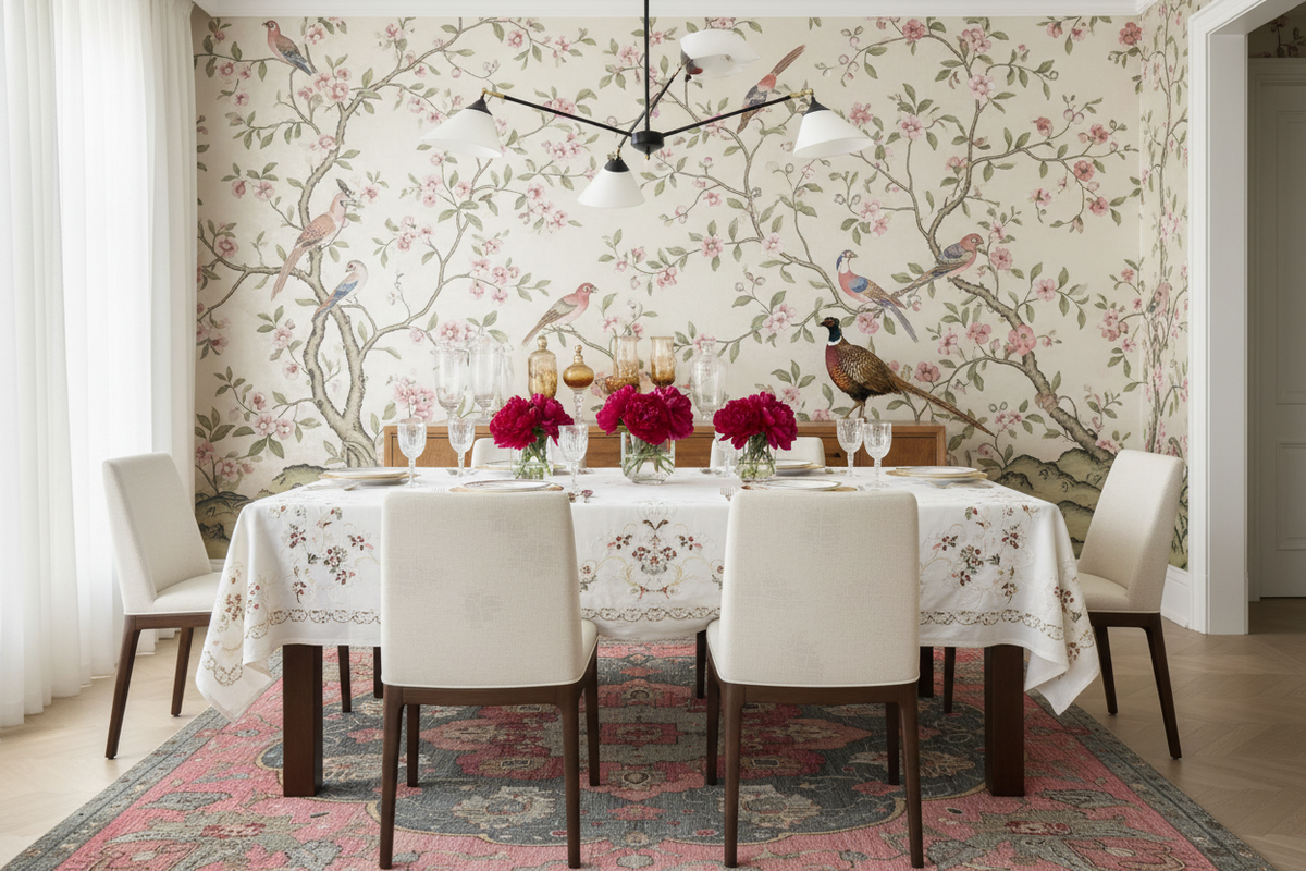 Dining room with floral rug, table, chairs, and decorative elements.