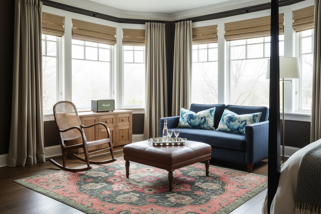 Living room with a blue sofa, armchair, ottoman, and decorative rug.