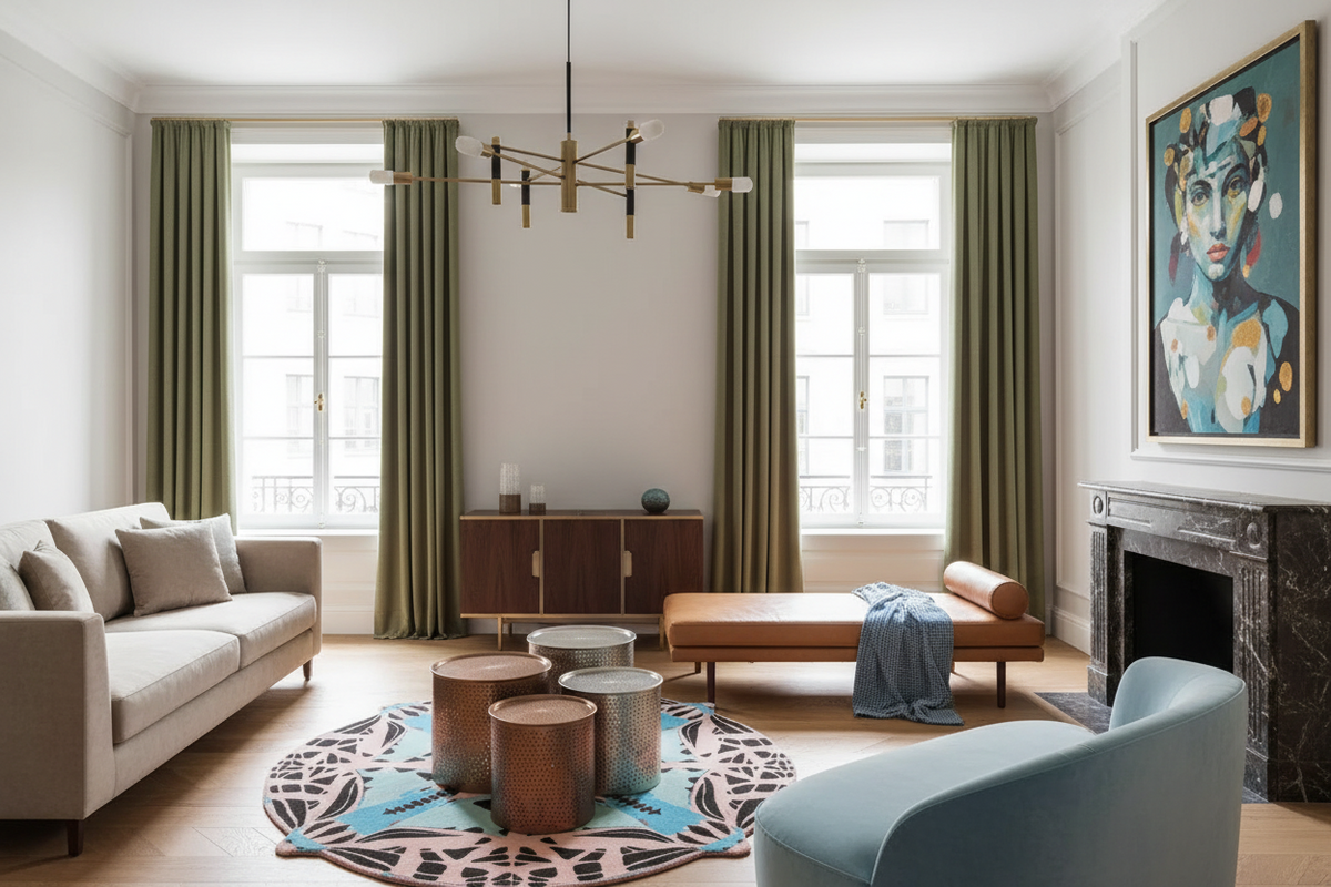 A styled living room interior with olive green curtains, a light beige sofa, a blue accent chair, a patterned rug, a wooden cabinet, and a large framed portrait painting on a white wall.