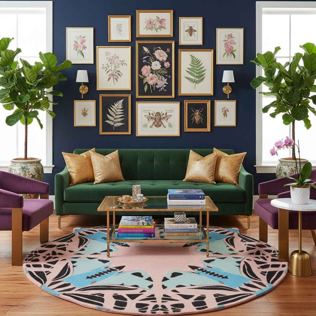 Round Abstract Butterfly Hand Tufted Rug - Blue