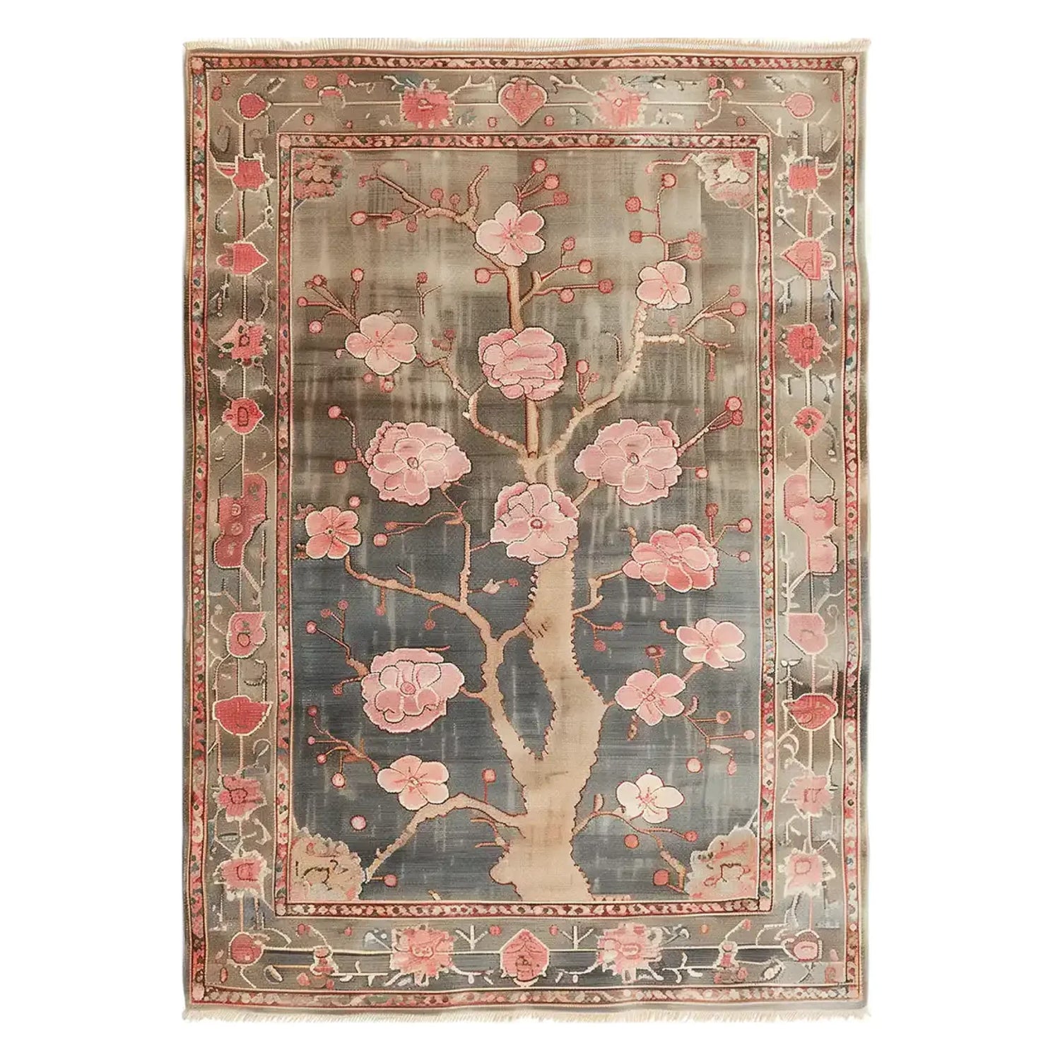 The Sakura Serenity Knotted Wool Rug features an elegant floral design, perfect as an area rug for adding a touch of nature to your living room. This 8x10 floral rug showcases intricate blossoms in soft pink hues against a neutral background, making it a stylish choice for those seeking area rugs for living room spaces.
