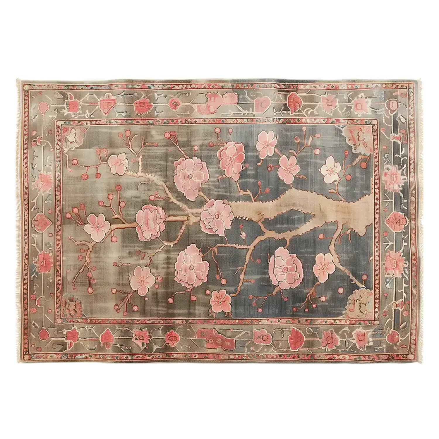 Top view of the Sakura Serenity Knotted Wool Rug, featuring a beautiful floral pattern with pink blossoms and intricate branches on a gray background. This elegant area rug is perfect for adding a touch of nature to your living room. Ideal for an 8x10 space, it's a stunning choice for area rugs in the living room.