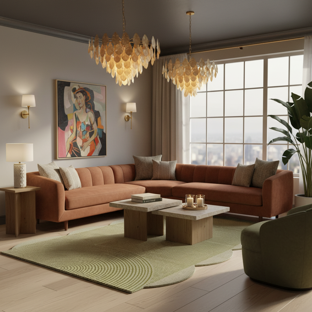 A modern living room featuring a large terracotta-colored sectional sofa, a matching green armchair, a light green patterned area rug, and two glowing crystal chandeliers. A framed art print hangs on the wall above the sofa.