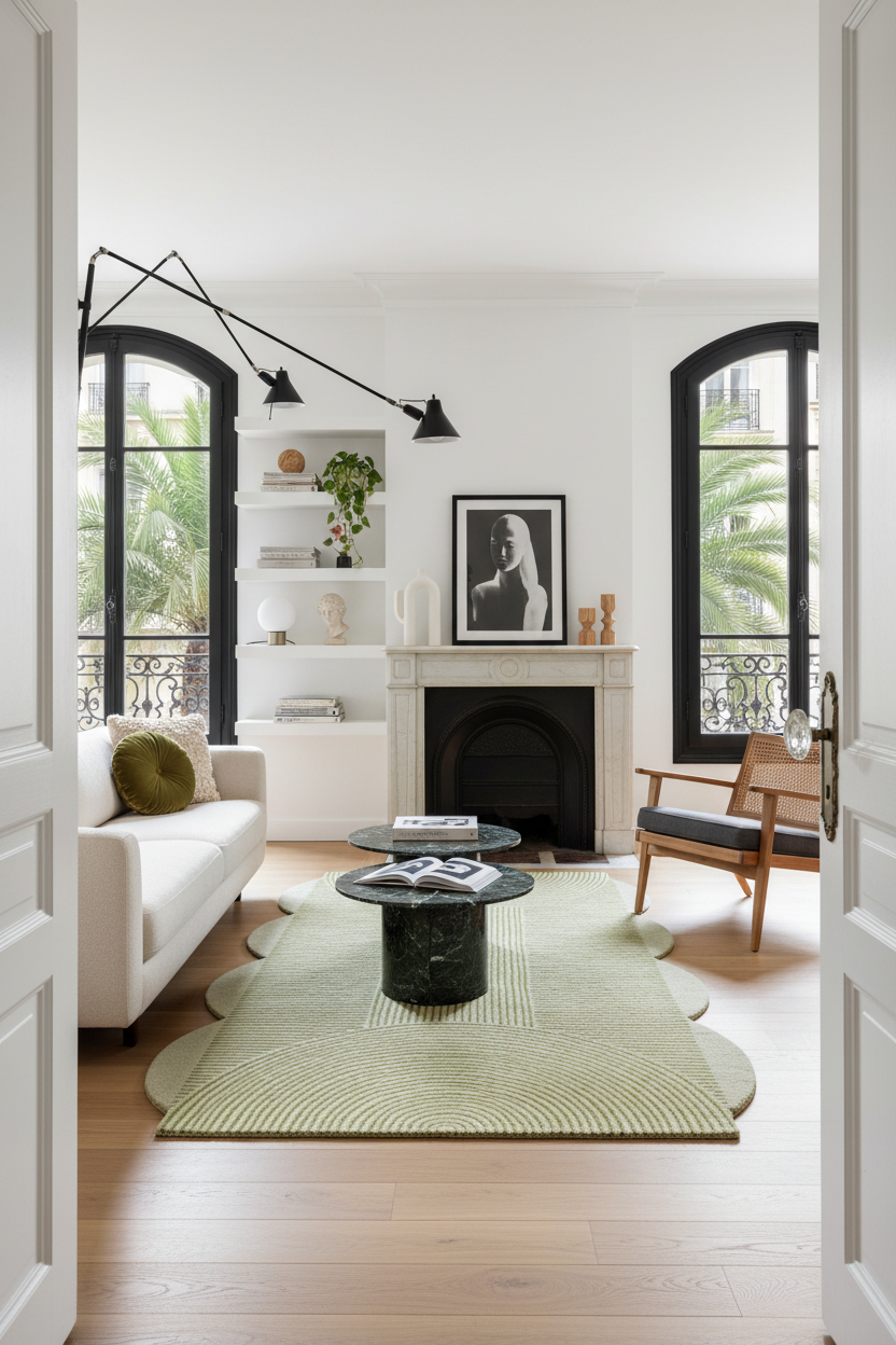 Modern living room with white sofa, green rug, and black coffee table.