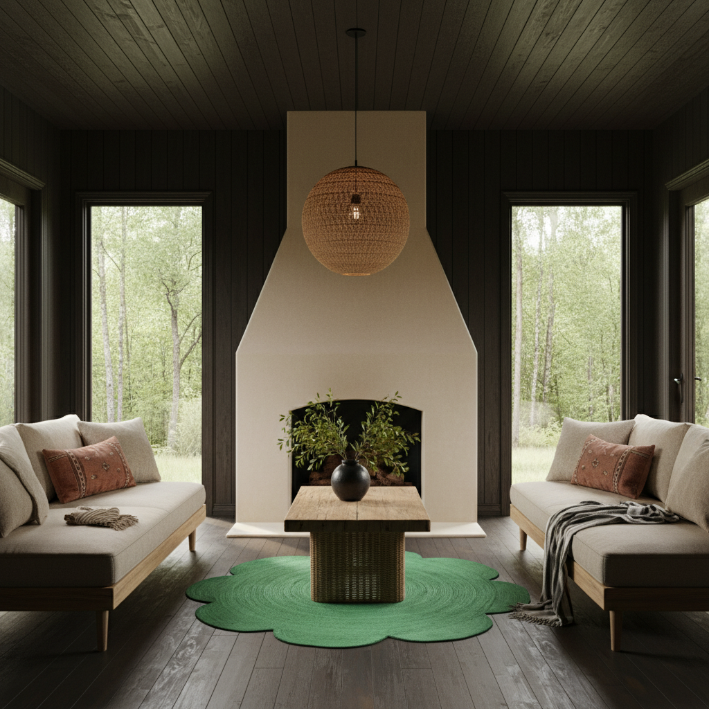 A modern living room interior with two cream upholstered sofas facing a low wooden coffee table on a green scalloped rug, centered in front of a large beige fireplace and dark wood-paneled walls. Large windows reveal a green forest outside. A woven pendant light hangs above.
