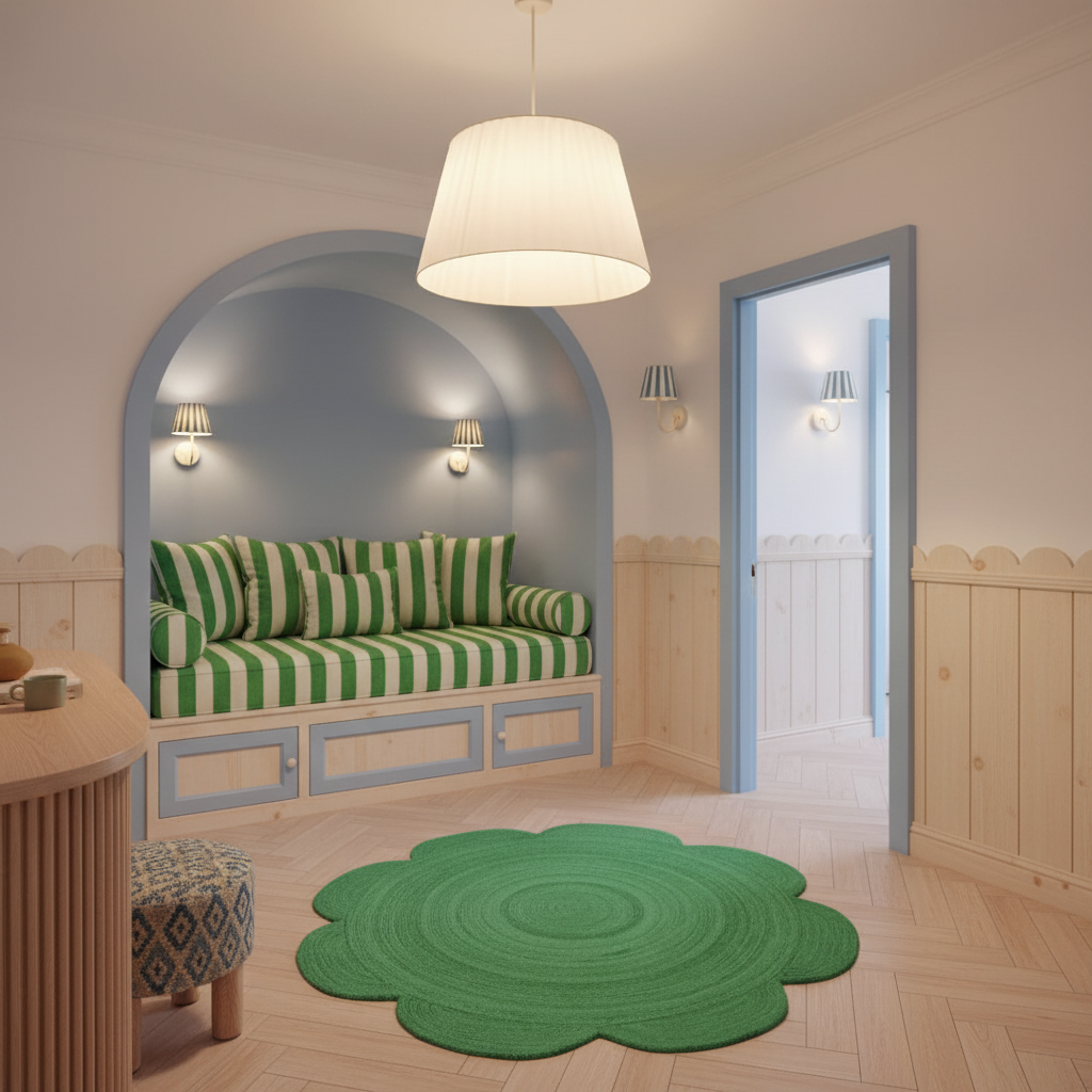 A beautifully styled children's playroom featuring a green and white striped cushioned bench under a blue arched alcove, a green scalloped flower-shaped rug on a light wood herringbone floor, and a white drum pendant light hanging from the ceiling.