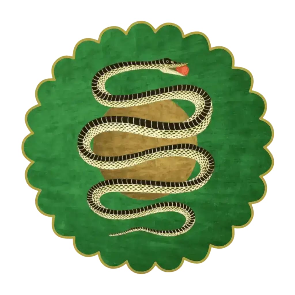 Scalloped Green Snake and Apple Round Hand Tufted Wool Rug