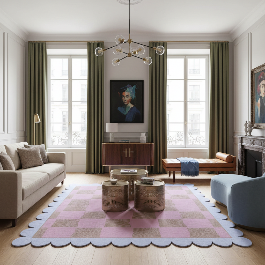 Scalloped Leaf Checker Pink Hand Tufted Rug
