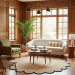 A styled living room interior with a cream curved sofa, striped yellow-and-white pillow, round wooden coffee table, woven rug, wood-paneled walls, large multi-pane windows, a green plaid armchair, and a tall potted palm.