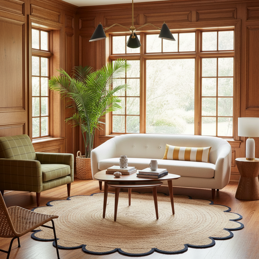 A styled living room interior with a cream curved sofa, striped yellow-and-white pillow, round wooden coffee table, woven rug, wood-paneled walls, large multi-pane windows, a green plaid armchair, and a tall potted palm.