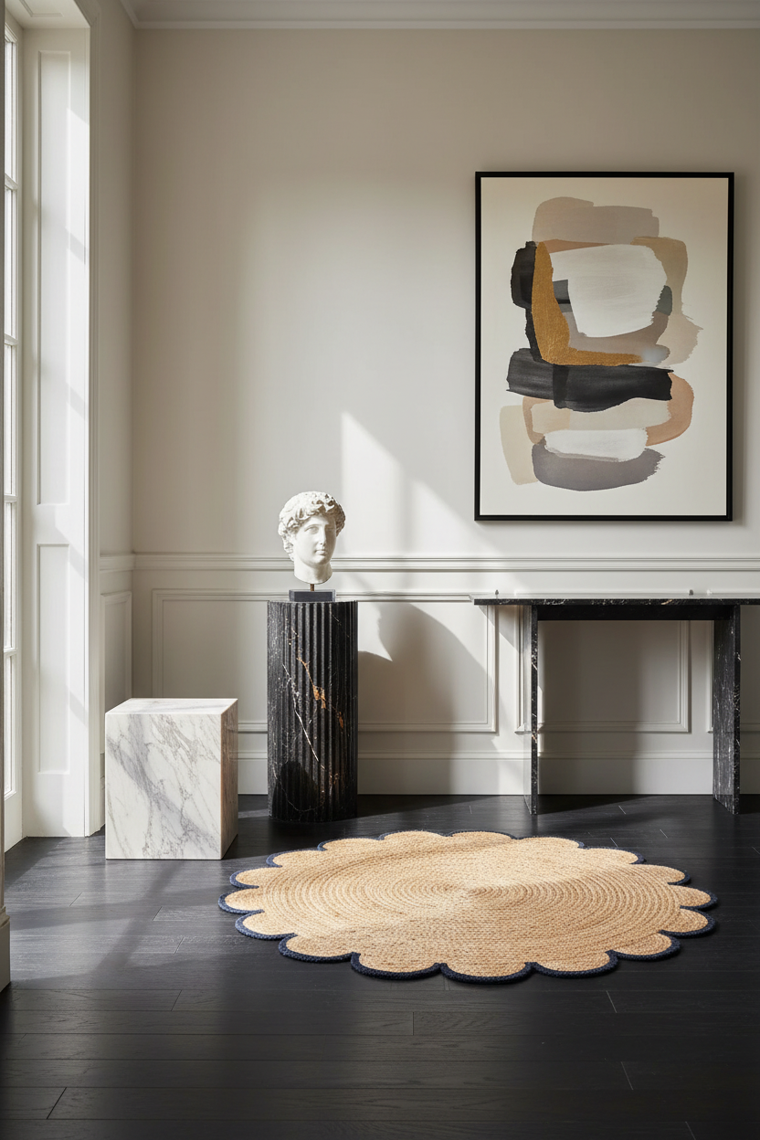 A round scalloped natural-fiber rug with a dark blue border is styled in a modern, sunlit room with dark wood floors, a marble console, and abstract wall art.
