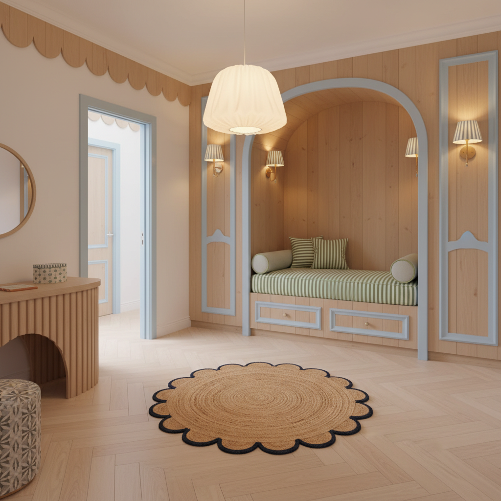 A beautifully styled children's bedroom featuring light wood paneling, a built-in daybed with green striped bedding, a scalloped jute rug, and a modern cream pendant light.