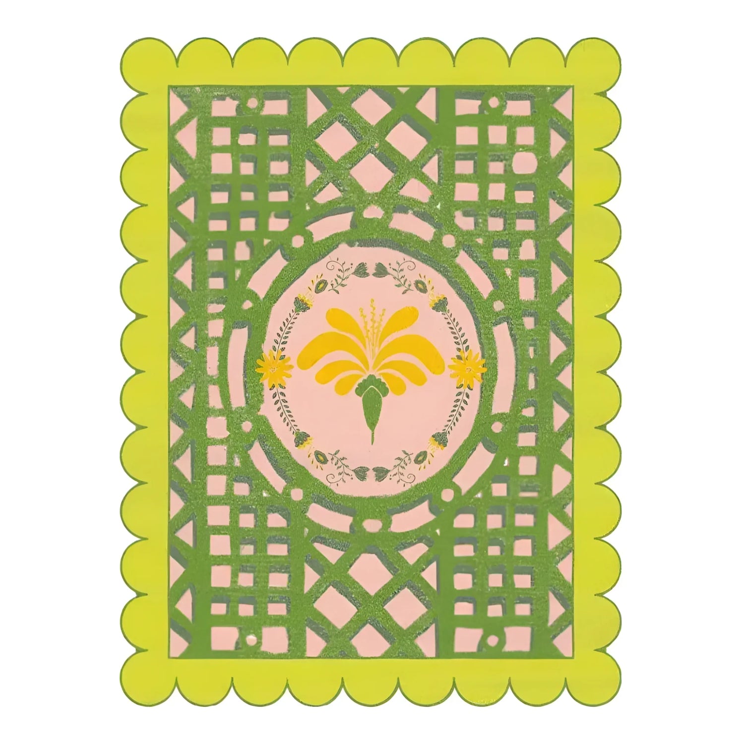 This image showcases the Scalloped Yellow Flower Mazed Hand Tufted Area Rug, perfect for adding a touch of elegance to your living room. The wool rug features a vibrant yellow floral design at its center, surrounded by intricate green lattice patterns. Its scalloped edges enhance its charm, making it an ideal 8x10 rug for living room spaces.