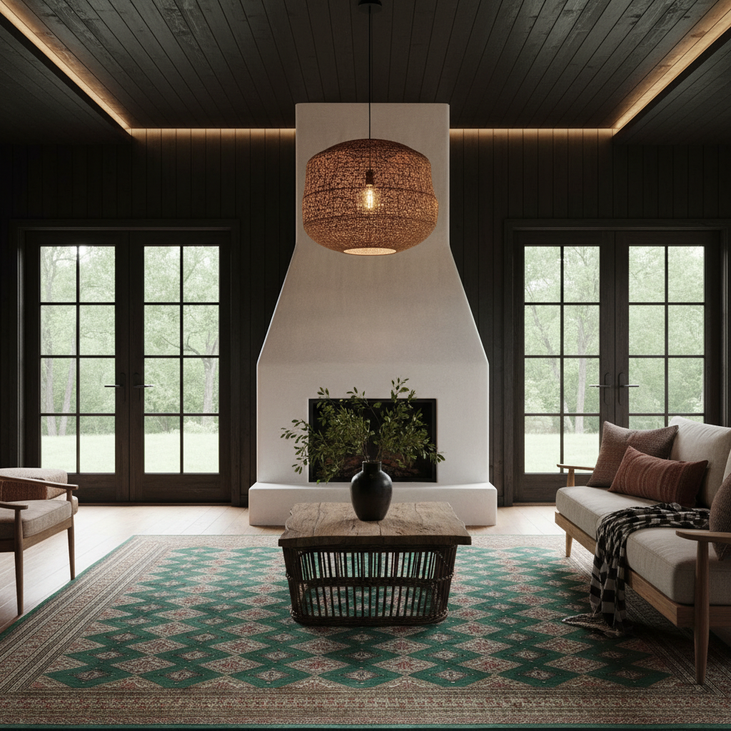 A styled living room interior with dark wood paneled walls and ceiling, a large white fireplace surround, French doors, a patterned green and beige rug, a wooden coffee table, and a woven pendant light hanging above the fireplace.