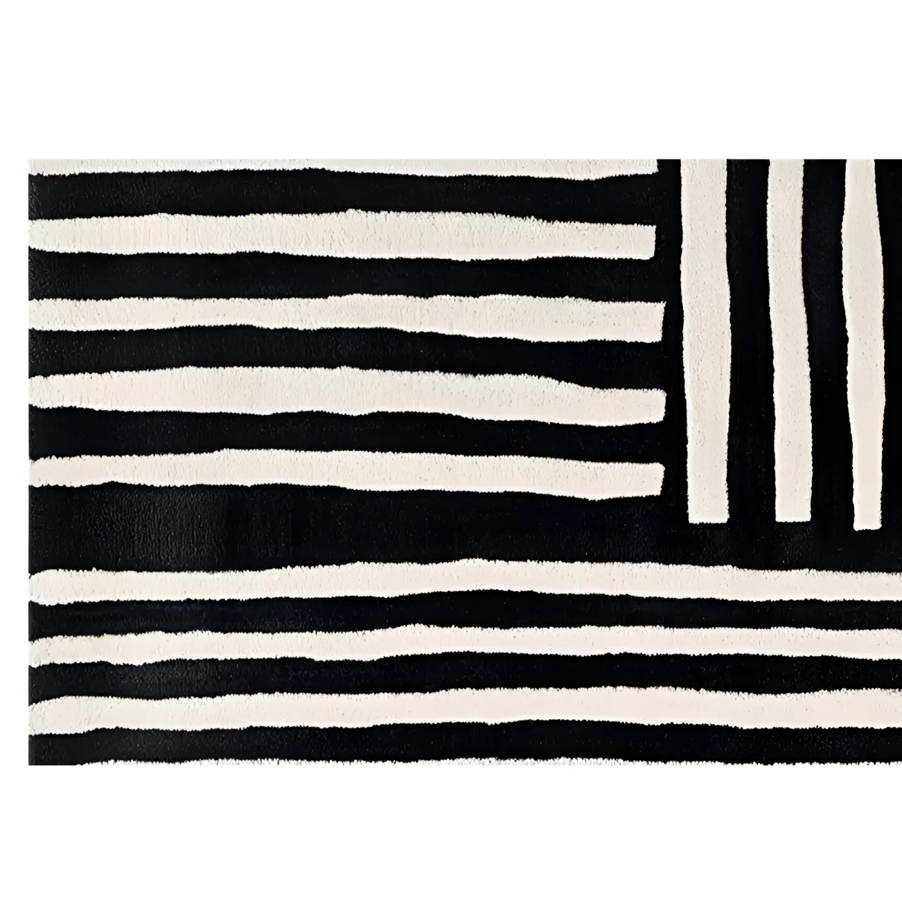 A contemporary wool runner rug featuring bold black and white stripes in an abstract pattern. Perfect for adding a modern touch to kitchens, hallways, or bathrooms, this hand-tufted rug combines style and functionality.