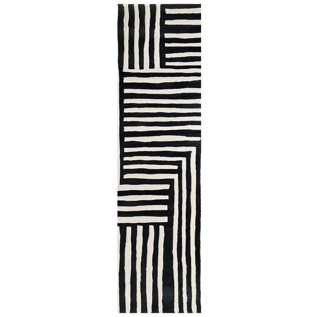 Top view of the Sentinel Pathway Hand Tufted Wool Rug featuring a striking black and white geometric pattern. This runner rug is perfect for adding a contemporary touch to your hallway or kitchen. Its durable wool construction makes it a stylish and practical choice for high-traffic areas like the kitchen, bathroom, or any hallway needing a modern upgrade.