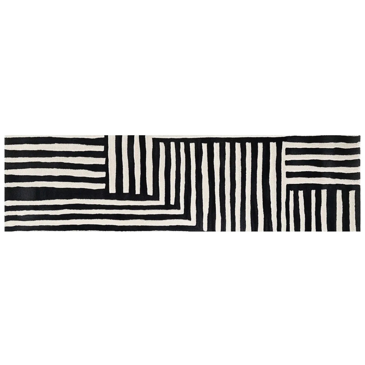 Contemporary Sentinel Pathway Hand Tufted Wool Rug with black and white geometric patterns, ideal as a hallway runner rug or kitchen runner rug. This stylish wool rug adds a modern touch to any room, perfect for use as a kitchen rug or bathroom runner rug.