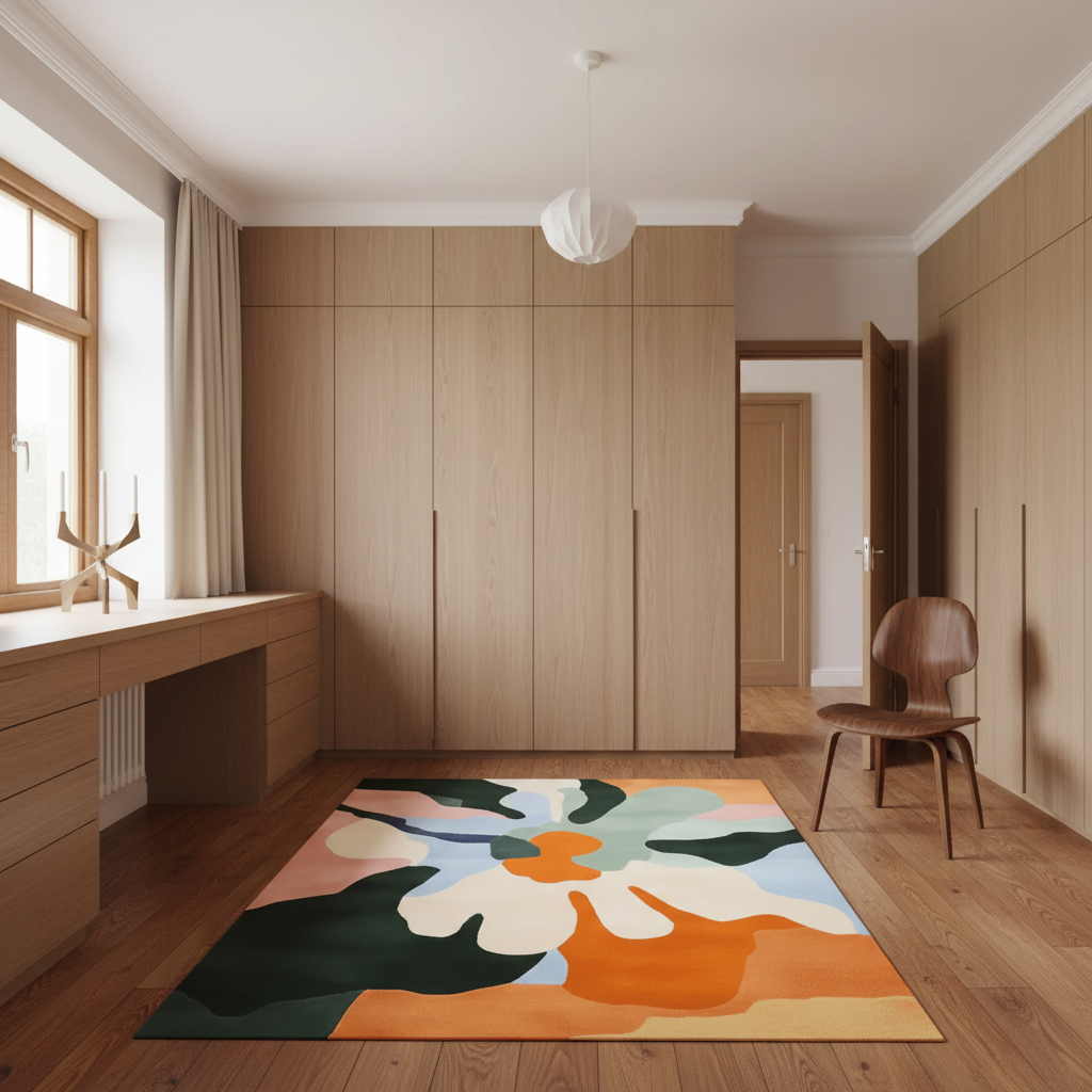 A modern abstract floral area rug in orange, beige, green, and blue tones, styled on a wooden floor in a minimalist, warm-toned room with light wood cabinets and a desk.