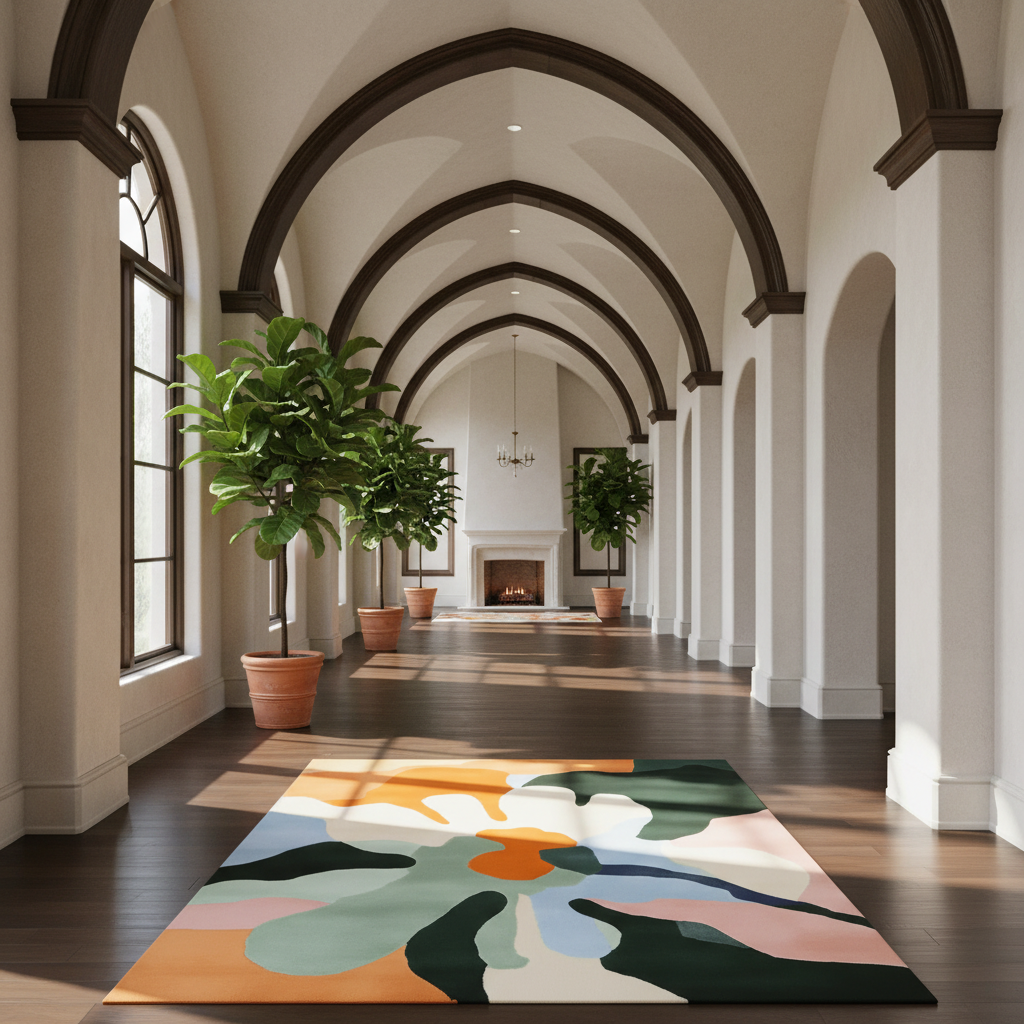 A large abstract area rug with a multicolor floral pattern in orange, cream, sage green, pink, and dark green, displayed on a dark wood floor in a bright, classic hallway with arched windows and potted plants.