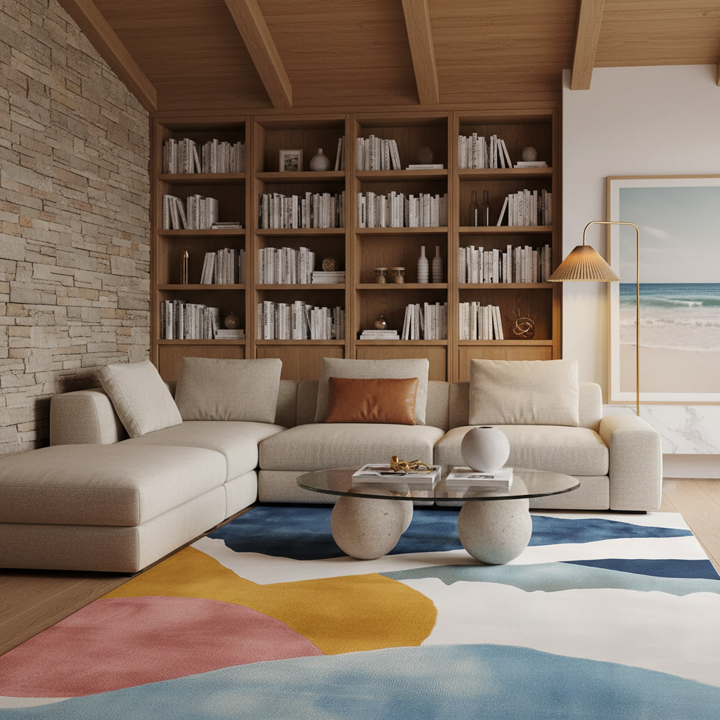 A modern living room featuring a large beige sectional sofa with a round glass coffee table on a colorful abstract-patterned rug. The room is styled with a large wooden bookshelf filled with books, a stone wall, and a beach scene framed on the wall.